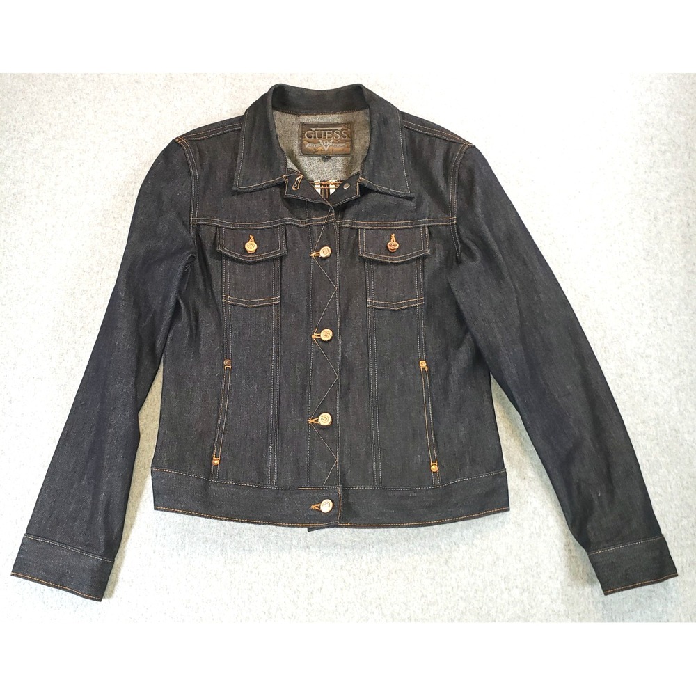 Guess Premium Denim Trucket Jean Jacket Womens Dark Size L USA Made Vintage READ